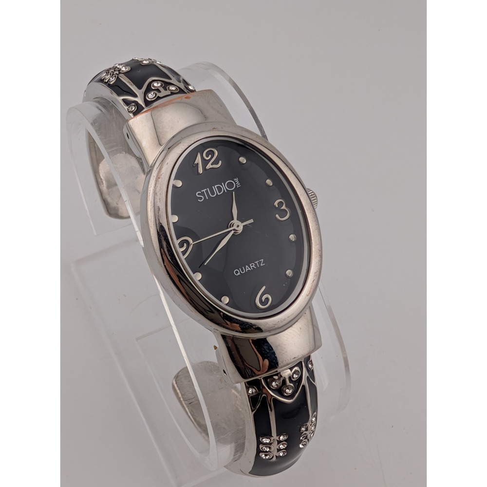 Studio Time Watch Women Black Enamel Bangle Band Floral Design 25mm- New Battery